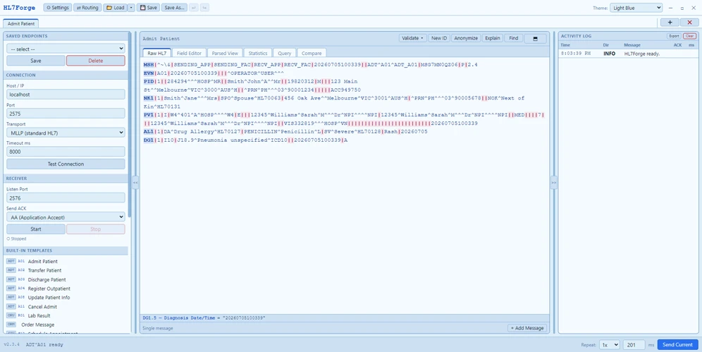 HL7Forge application window showing the raw HL7 editor, sidebar, and activity log